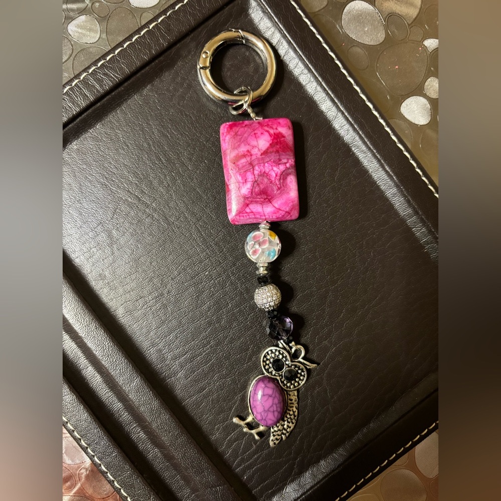 Pink Owl Keychain/Bag Charm with a Crystal Accent & a transparent colored bead
